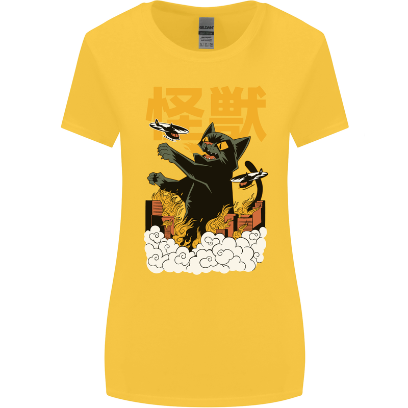 Catzilla Funny Cat Monster Parody Womens Wider Cut T-Shirt Yellow