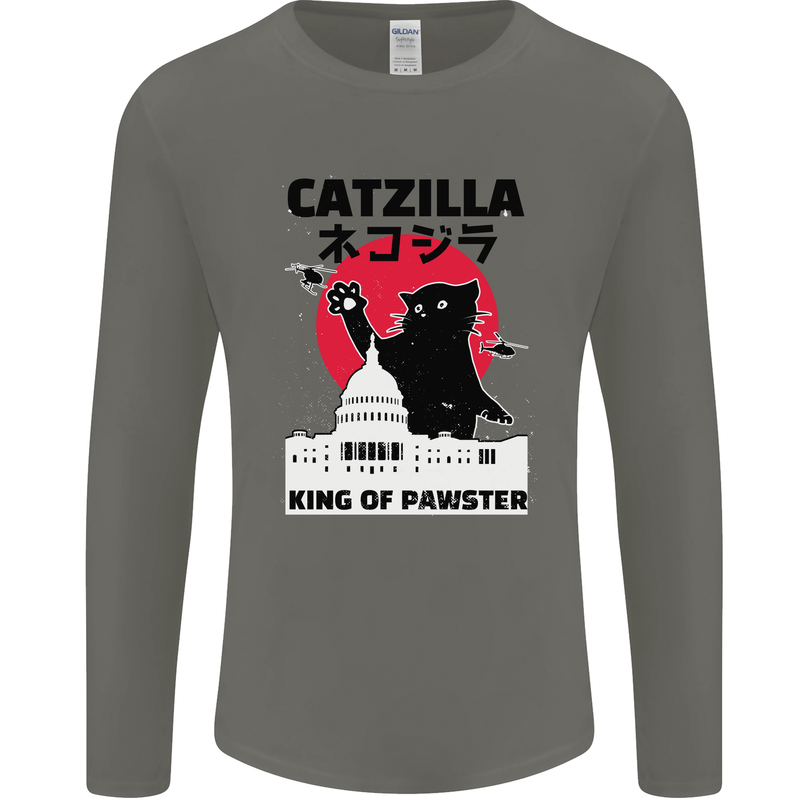 Catzilla Funny Cat Parody Mens Long Sleeve T-Shirt Charcoal
