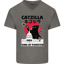 Catzilla Funny Cat Parody Mens V-Neck Cotton T-Shirt Charcoal