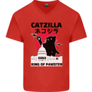 Catzilla Funny Cat Parody Mens V-Neck Cotton T-Shirt Red