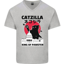 Catzilla Funny Cat Parody Mens V-Neck Cotton T-Shirt Sports Grey