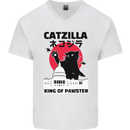 Catzilla Funny Cat Parody Mens V-Neck Cotton T-Shirt White