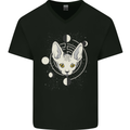 Celestial Cat Moon Phases Mens V-Neck Cotton T-Shirt Black