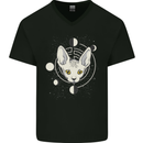 Celestial Cat Moon Phases Mens V-Neck Cotton T-Shirt Black