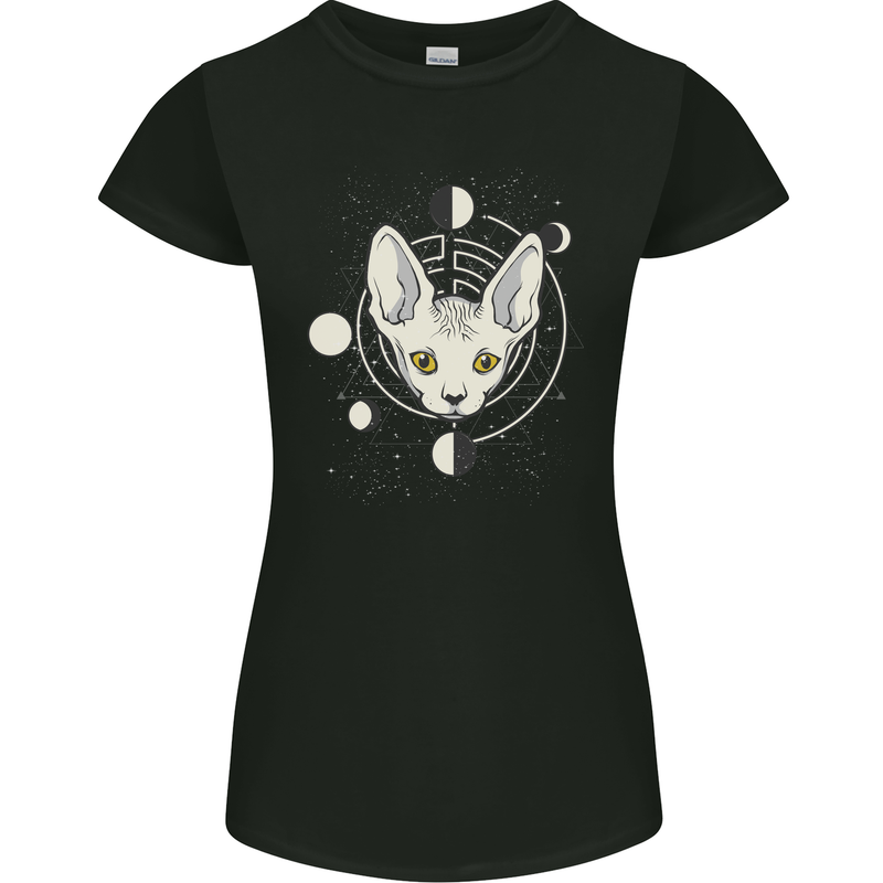 Celestial Cat Moon Phases Womens Petite Cut T-Shirt Black