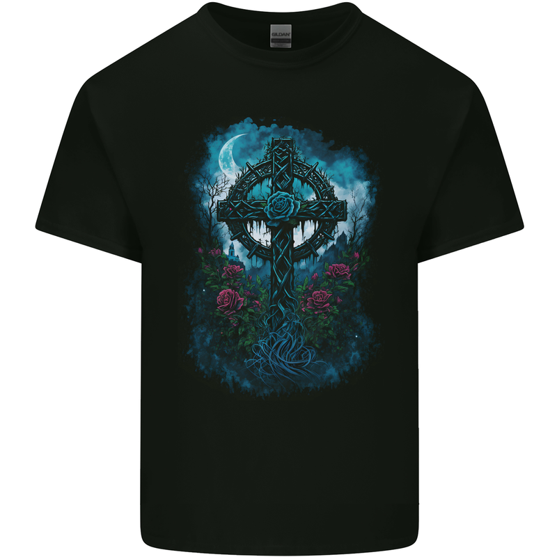 Celtic Cross in a Gothic Graveyard Kids T-Shirt Childrens Black