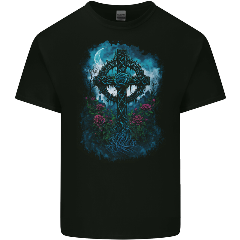 Celtic Cross in a Gothic Graveyard Mens Cotton T-Shirt Tee Top BLACK