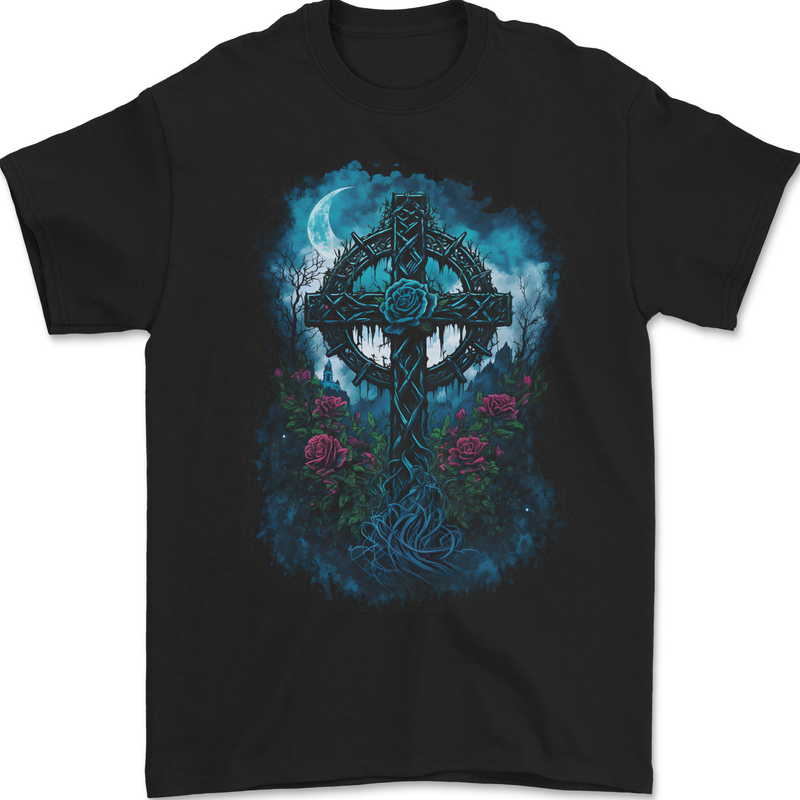 Celtic Cross in a Gothic Graveyard Mens Gildan Cotton T-Shirt Black
