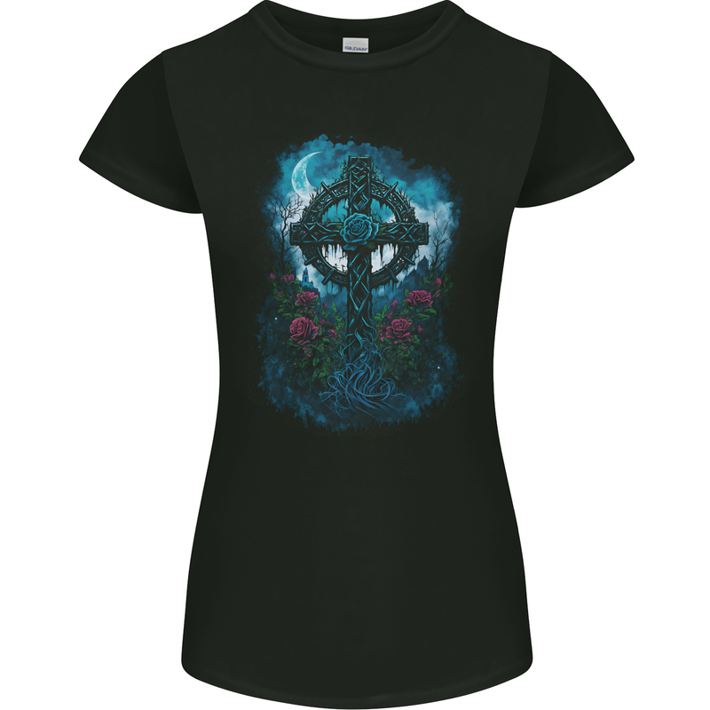 Celtic Cross in a Gothic Graveyard Womens Petite Cut T-Shirt Black
