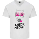 Check Meowt Mens V-Neck Cotton T-Shirt White