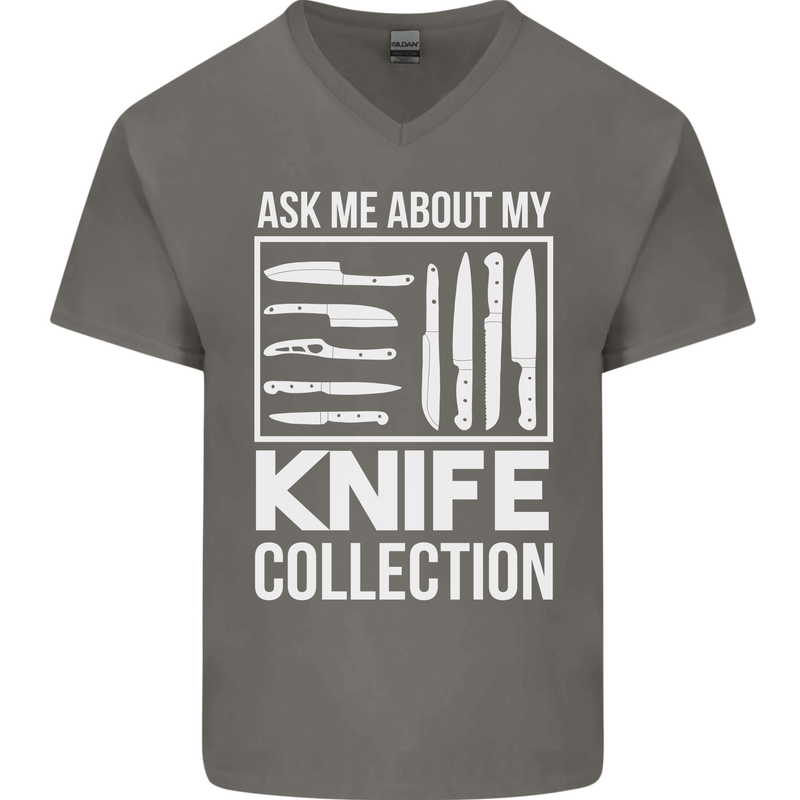 Chef Ask About My Knife Collection Funny Mens V-Neck Cotton T-Shirt Charcoal