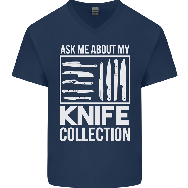 Chef Ask About My Knife Collection Funny Mens V-Neck Cotton T-Shirt Navy Blue