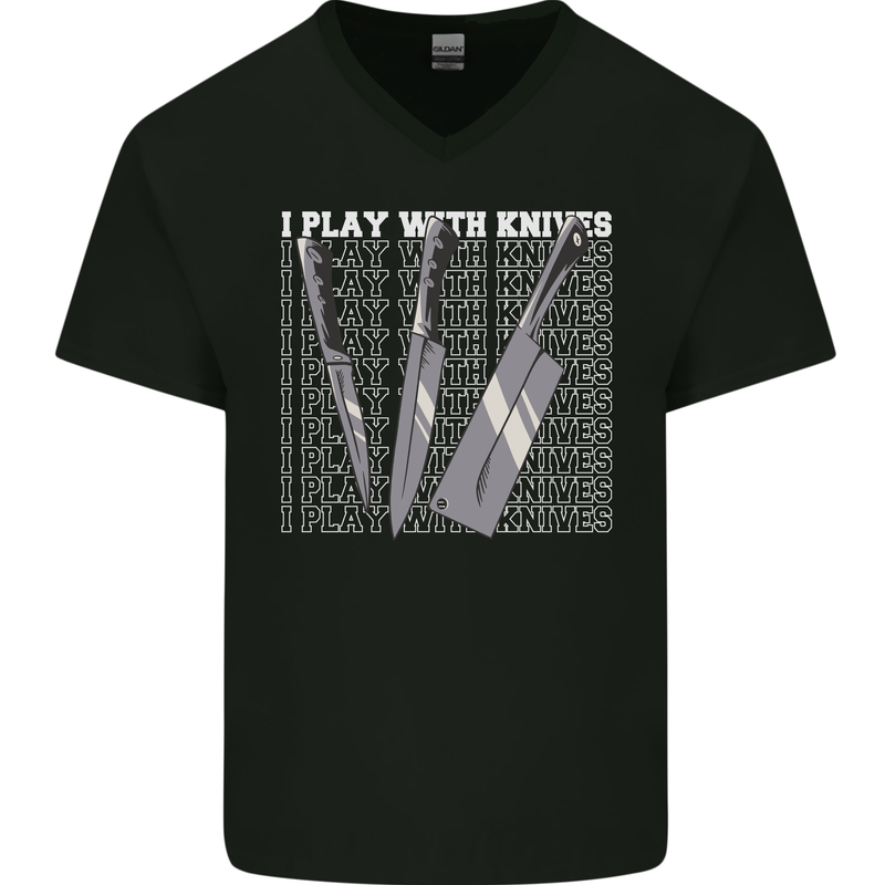 Chef I Play With Knives Mens V-Neck Cotton T-Shirt Black