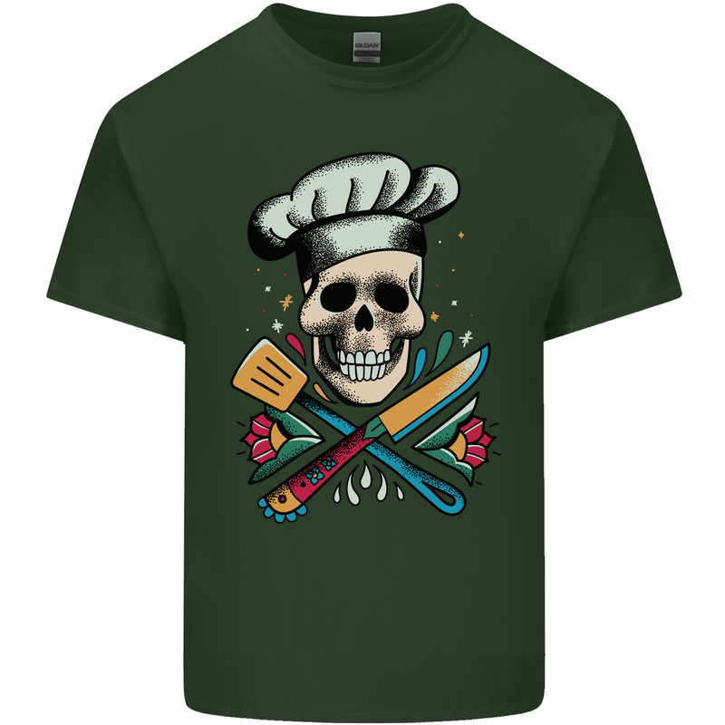 Chef Skull Mens Cotton T-Shirt Tee Top Forest Green
