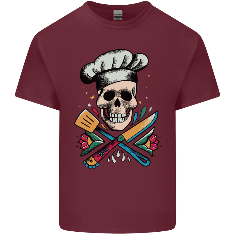 Chef Skull Mens Cotton T-Shirt Tee Top Maroon