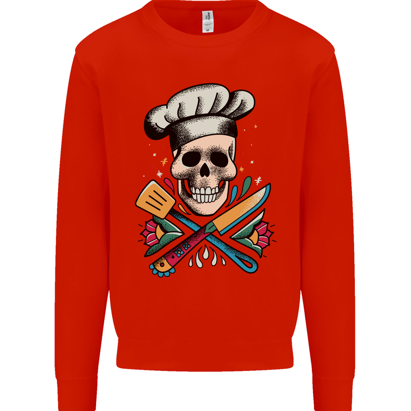Chef Skull Mens Sweatshirt Jumper Bright Red