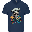 Chef Skull Mens V-Neck Cotton T-Shirt Navy Blue