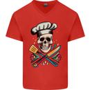 Chef Skull Mens V-Neck Cotton T-Shirt Red