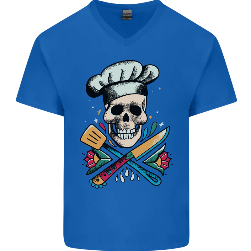 Chef Skull Mens V-Neck Cotton T-Shirt Royal Blue
