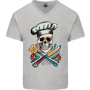 Chef Skull Mens V-Neck Cotton T-Shirt Sports Grey