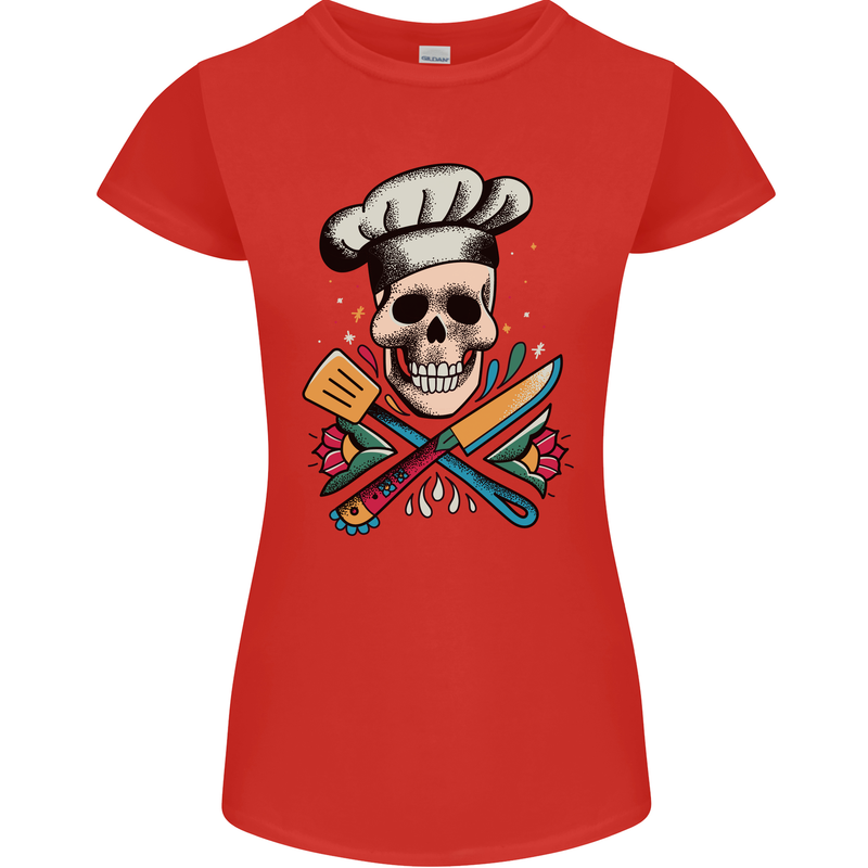 Chef Skull Womens Petite Cut T-Shirt Red