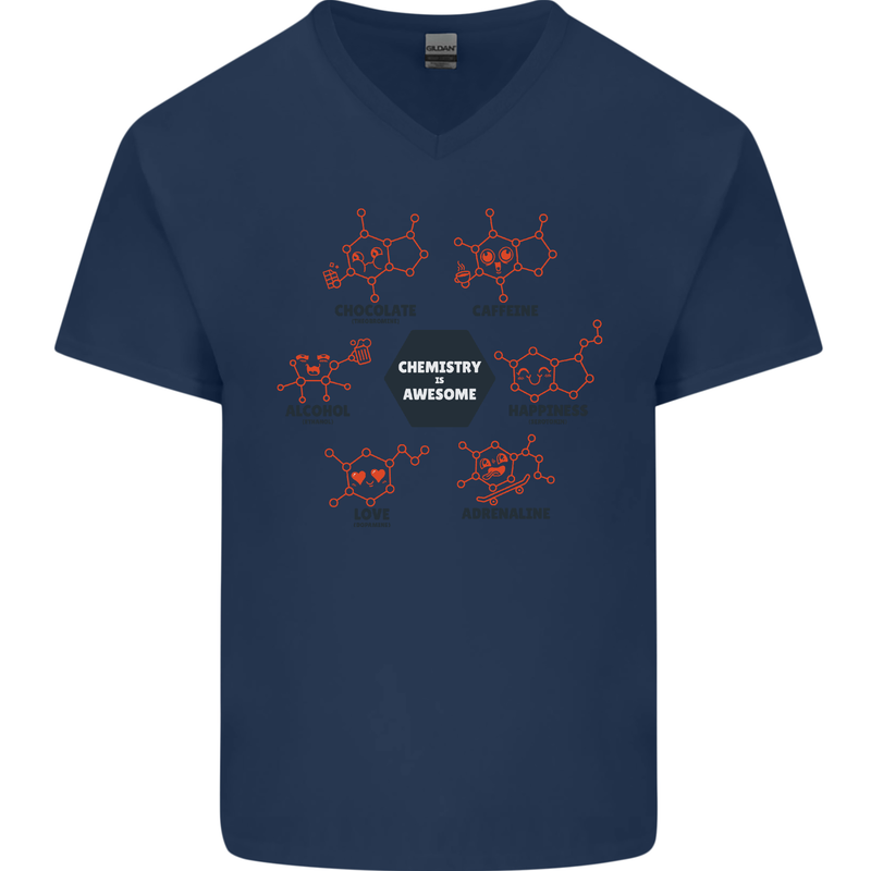 Chemistry is Awesome Alcohol Chocolate Love Mens V-Neck Cotton T-Shirt Navy Blue