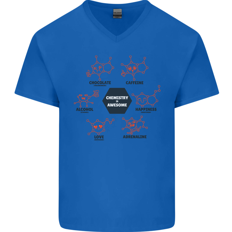 Chemistry is Awesome Alcohol Chocolate Love Mens V-Neck Cotton T-Shirt Royal Blue