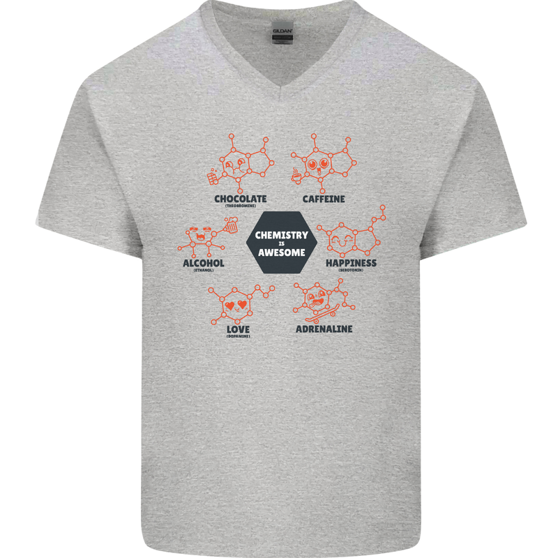 Chemistry is Awesome Alcohol Chocolate Love Mens V-Neck Cotton T-Shirt Sports Grey