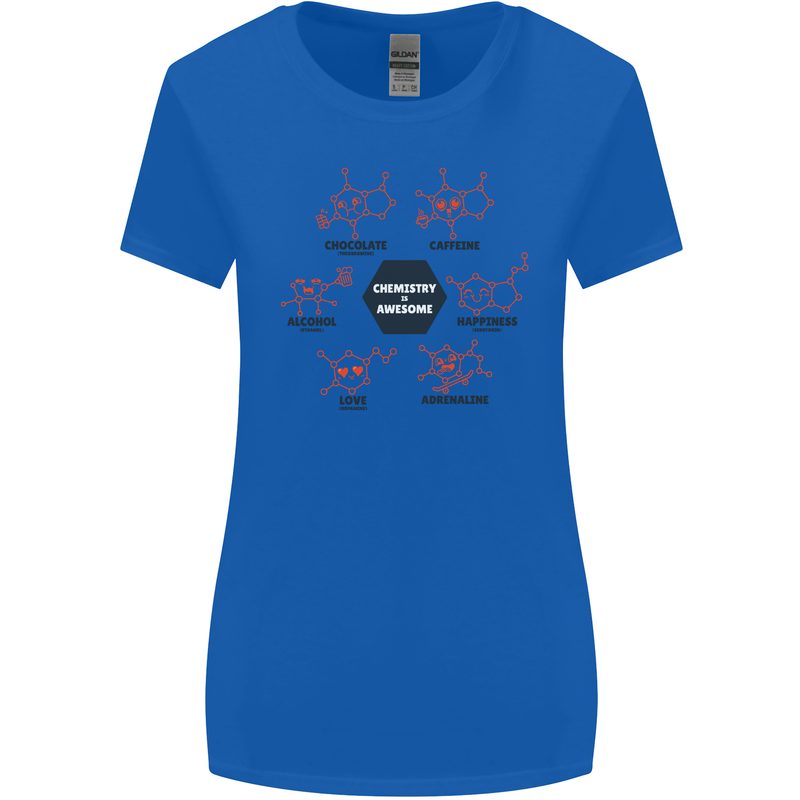 Chemistry is Awesome Alcohol Chocolate Love Womens Wider Cut T-Shirt Royal Blue
