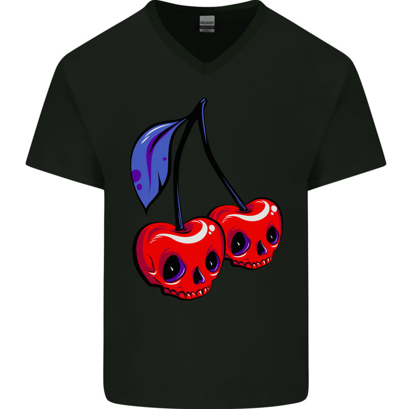 Cherry Skulls Mens V-Neck Cotton T-Shirt Black