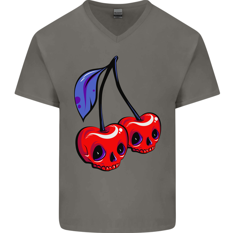 Cherry Skulls Mens V-Neck Cotton T-Shirt Charcoal