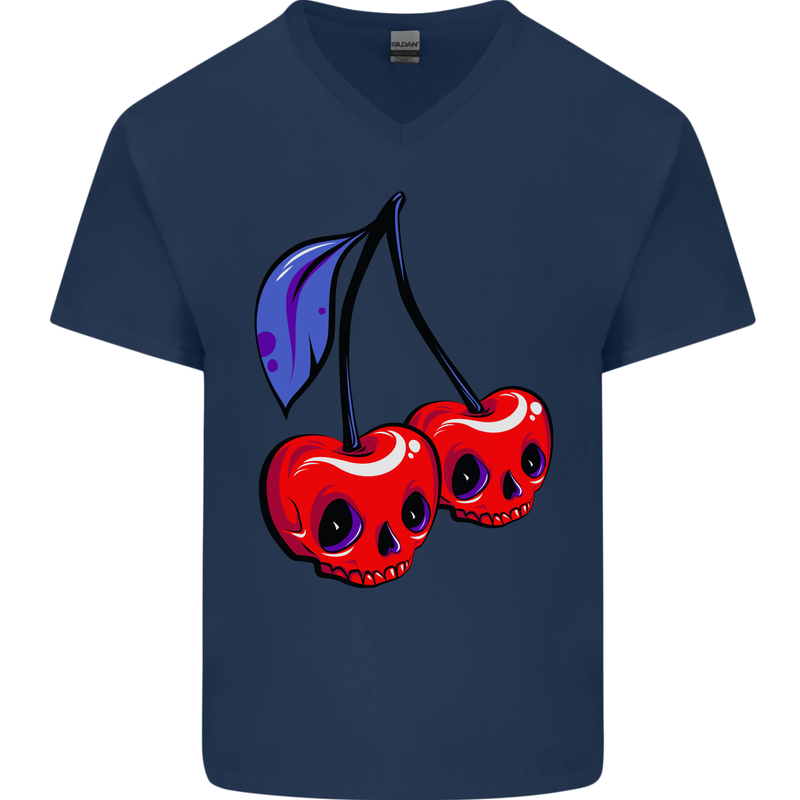 Cherry Skulls Mens V-Neck Cotton T-Shirt Navy Blue