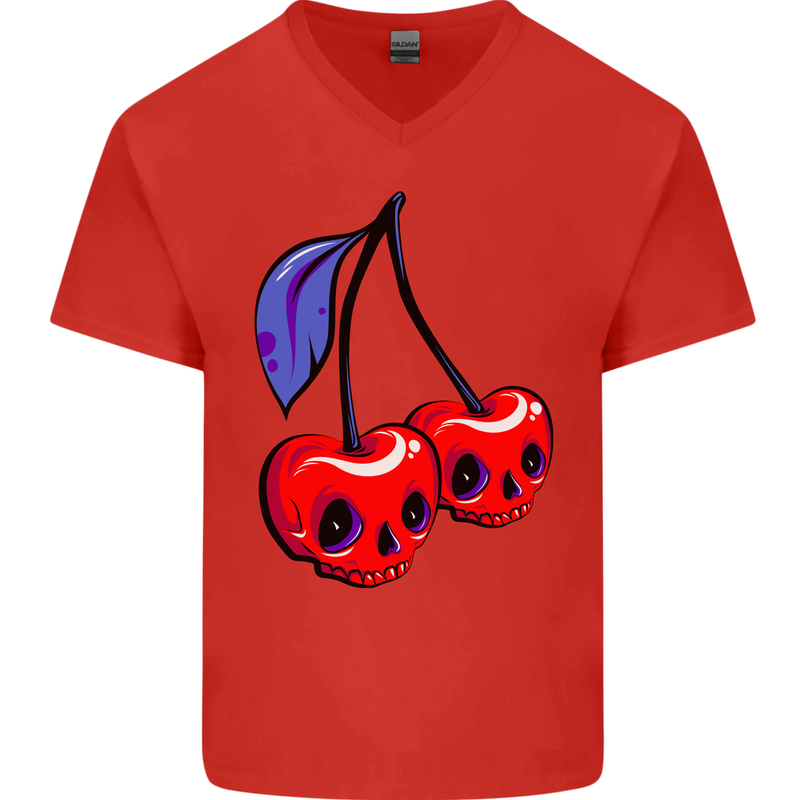 Cherry Skulls Mens V-Neck Cotton T-Shirt Red