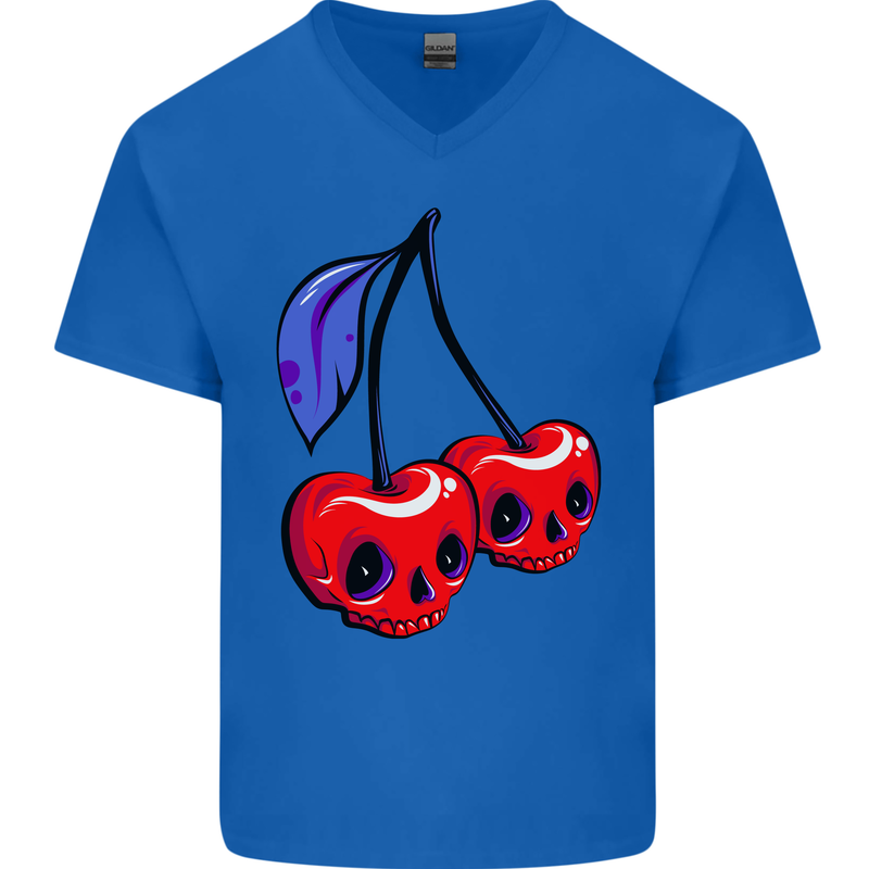 Cherry Skulls Mens V-Neck Cotton T-Shirt Royal Blue