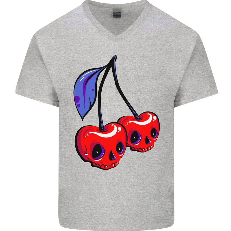 Cherry Skulls Mens V-Neck Cotton T-Shirt Sports Grey