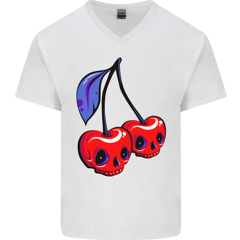Cherry Skulls Mens V-Neck Cotton T-Shirt White