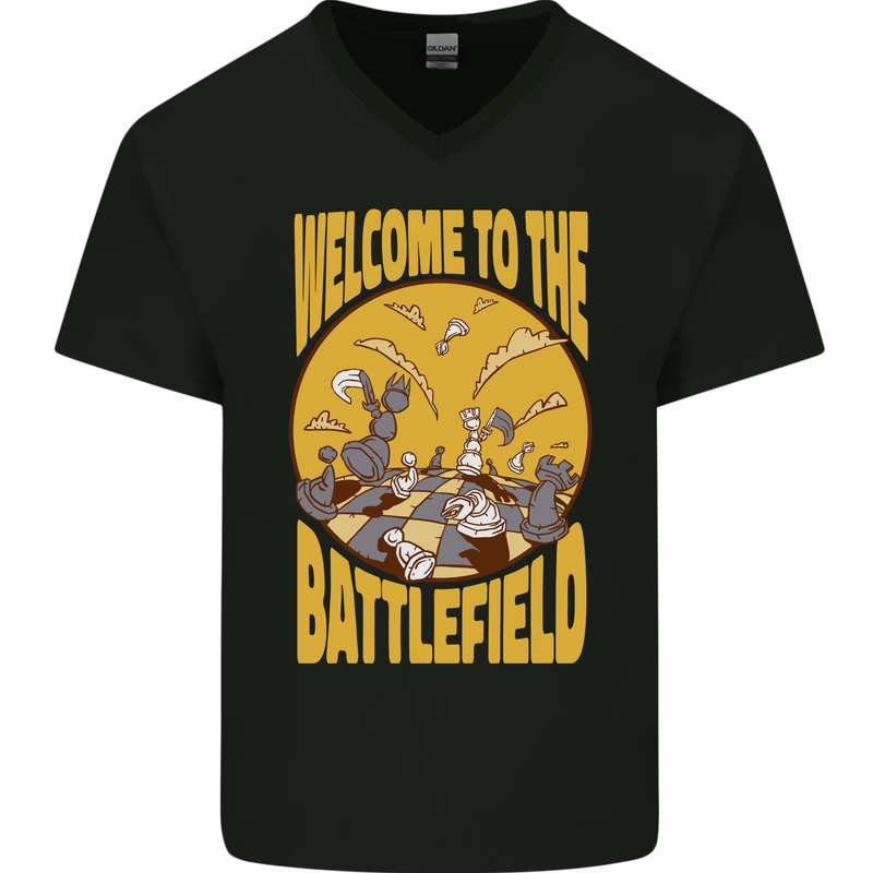 Chess Battlefield Funny Mens V-Neck Cotton T-Shirt Black