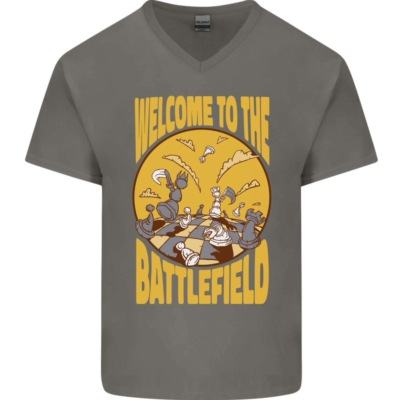 Chess Battlefield Funny Mens V-Neck Cotton T-Shirt Charcoal