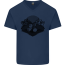 Chess Pieces Player Playing Mens V-Neck Cotton T-Shirt Navy Blue