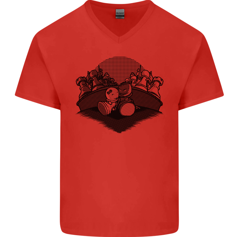 Chess Pieces Player Playing Mens V-Neck Cotton T-Shirt Red