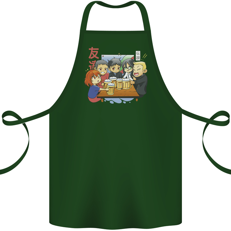 Chibi Anime Friends Drinking Beer Cotton Apron 100% Organic Forest Green