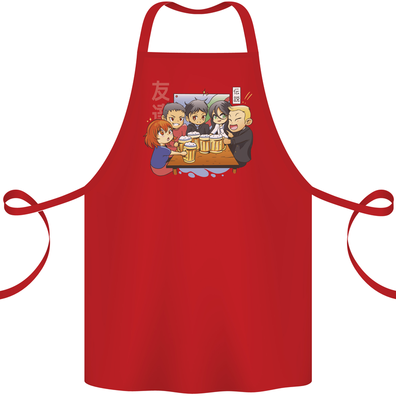 Chibi Anime Friends Drinking Beer Cotton Apron 100% Organic Red