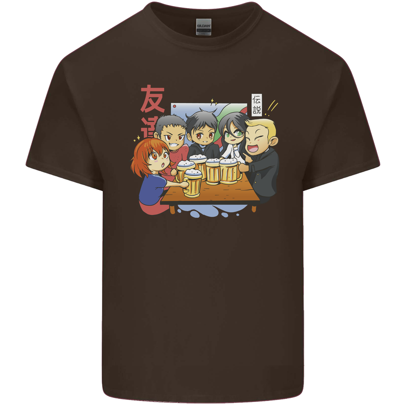 Chibi Anime Friends Drinking Beer Mens Cotton T-Shirt Tee Top Dark Chocolate