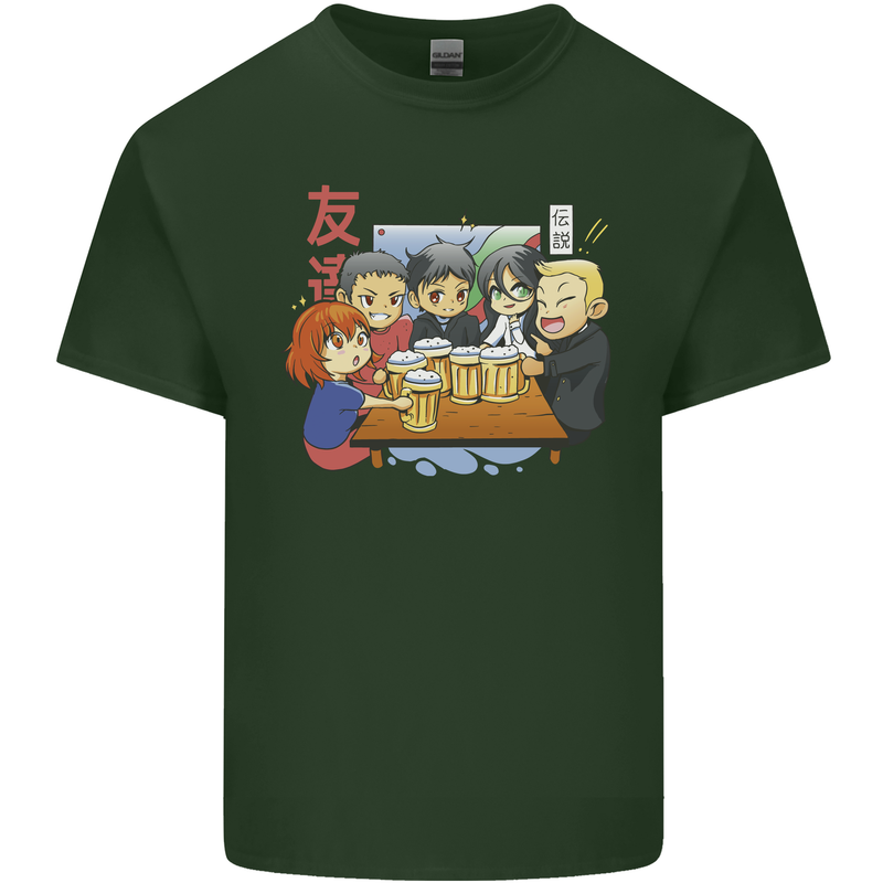 Chibi Anime Friends Drinking Beer Mens Cotton T-Shirt Tee Top Forest Green