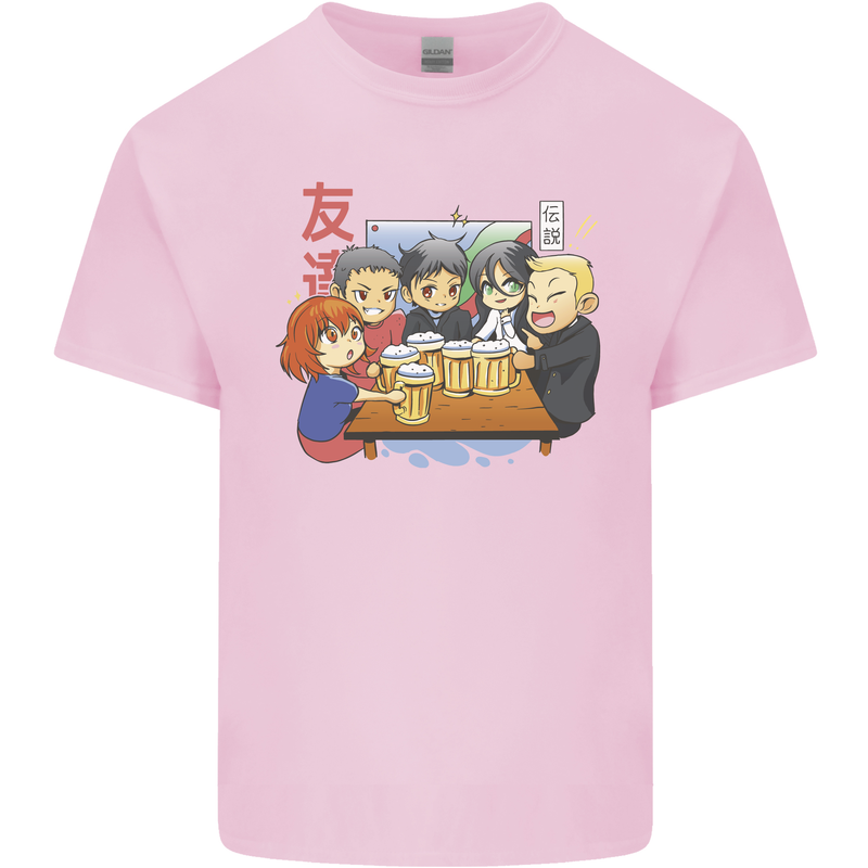 Chibi Anime Friends Drinking Beer Mens Cotton T-Shirt Tee Top Light Pink