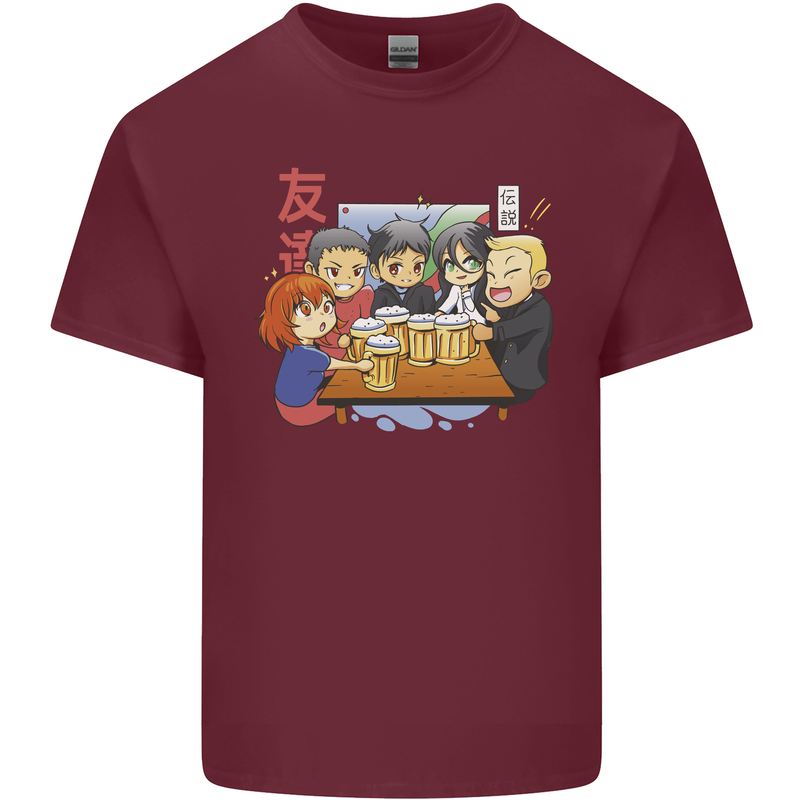 Chibi Anime Friends Drinking Beer Mens Cotton T-Shirt Tee Top Maroon