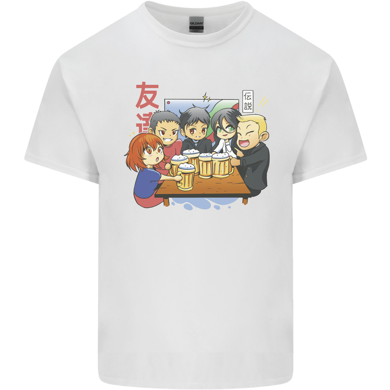 Chibi Anime Friends Drinking Beer Mens Cotton T-Shirt Tee Top White