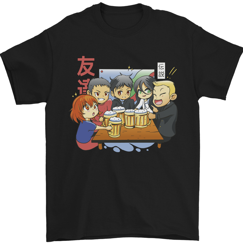 Chibi Anime Friends Drinking Beer Mens T-Shirt Cotton Gildan Black