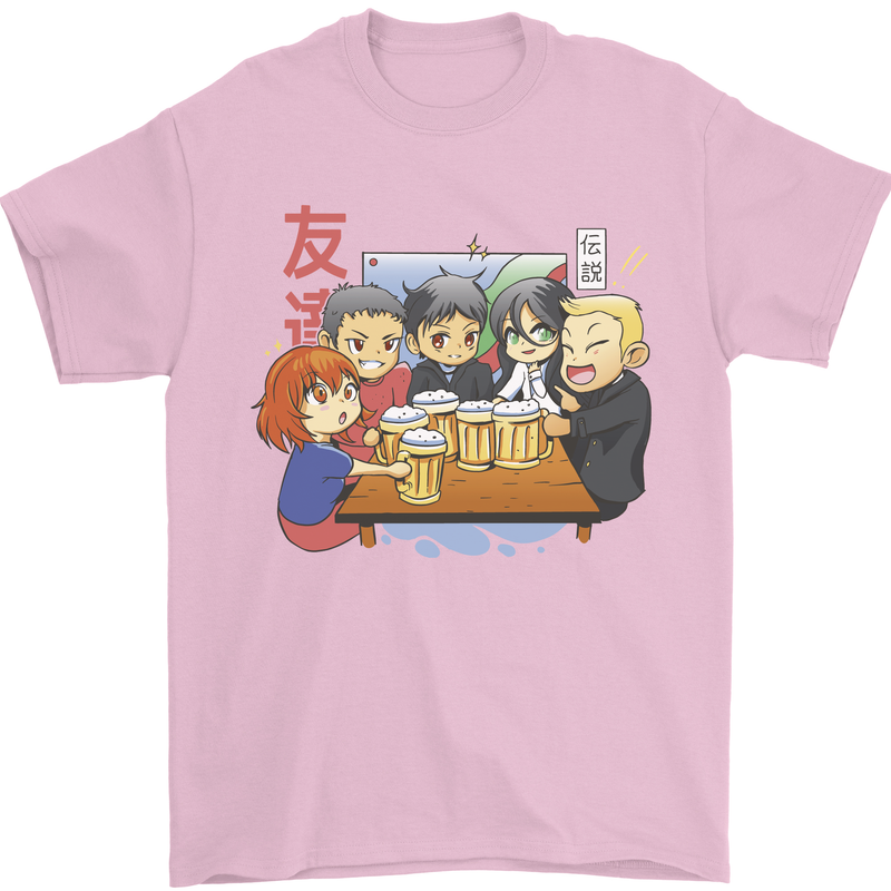 Chibi Anime Friends Drinking Beer Mens T-Shirt Cotton Gildan Light Pink