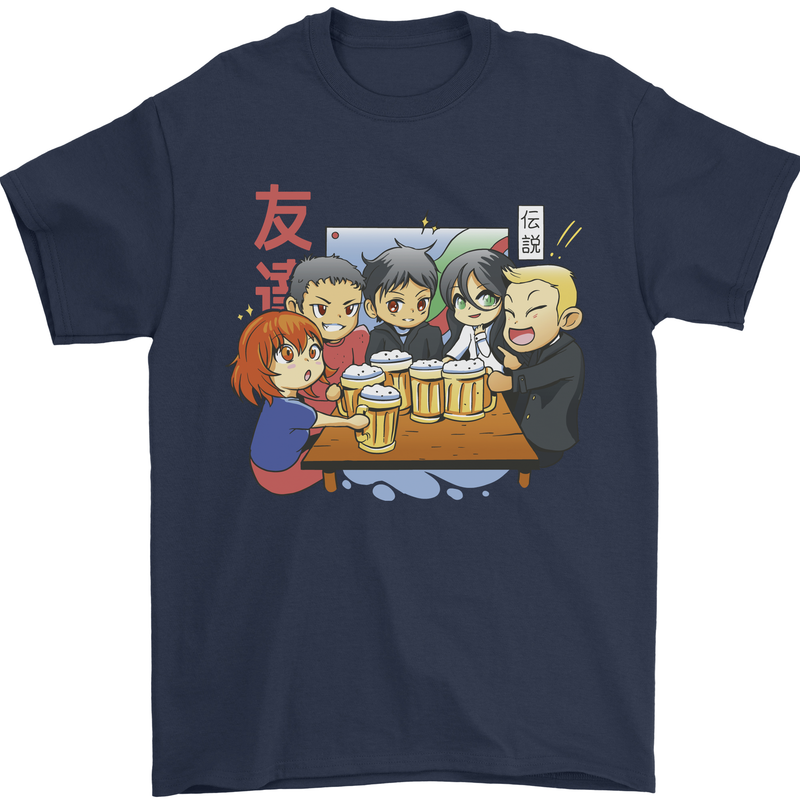 Chibi Anime Friends Drinking Beer Mens T-Shirt Cotton Gildan Navy Blue